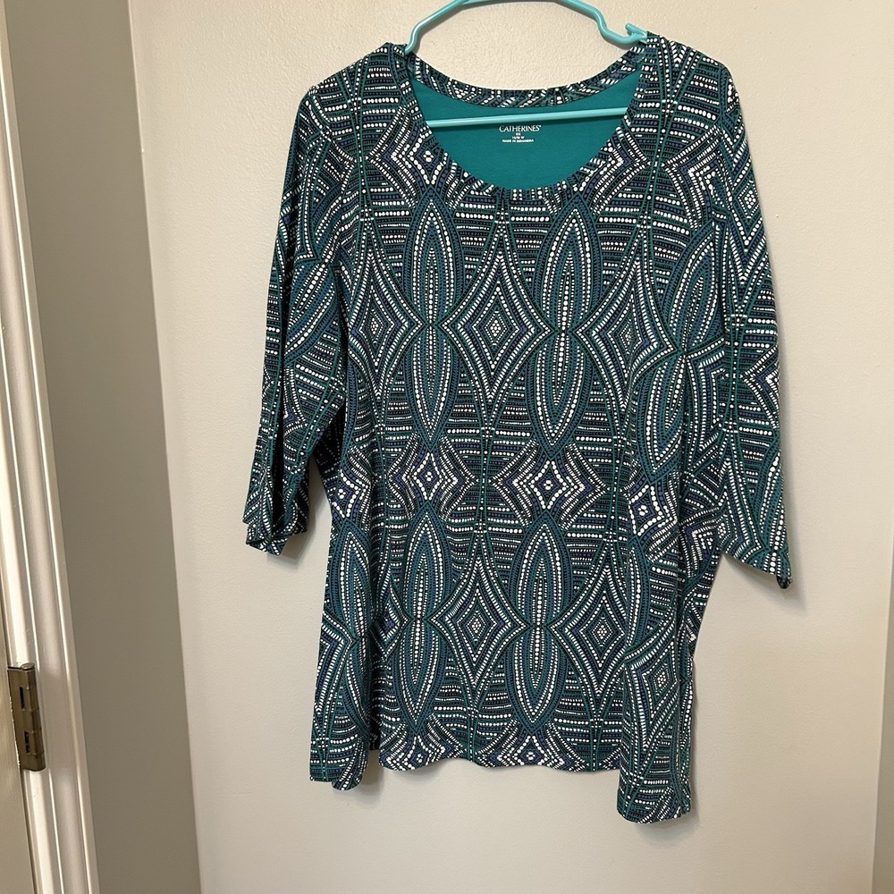 Catherines Sz 14/16 Turquoise Green Medallion Print Paisley Blouse Shirt Top